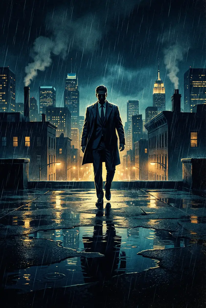 女性生殖器官 出品影片《雨夜独行者》海报，雨中城市屋顶男性剪影